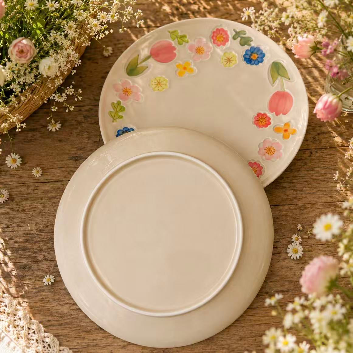 Hand-Painted Vintage Floral Ceramic Serving Plate, 10-Inch