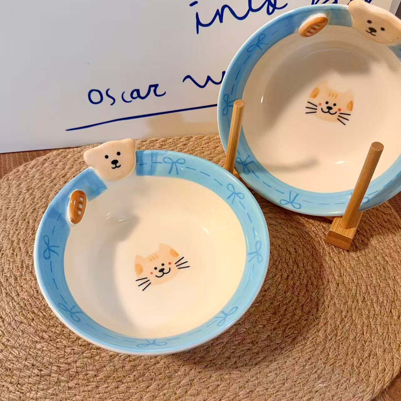 Hand-Painted Bow Bear Ceramic Soup Bowl - 600ML