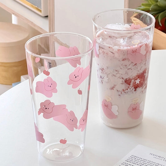 Pink Pig & Bunny Tall Glass Cup – 450ML Capacity