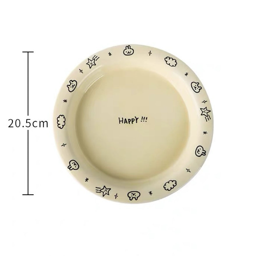 Cream Doodle Style Ceramic Round Plate, 8-Inch