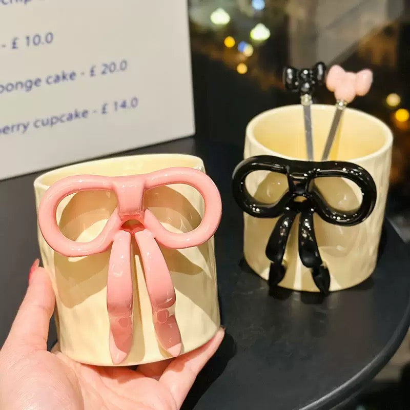 Cute Bow Handle Ceramic Mug with Spoon - 300ML