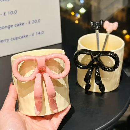 Cute Bow Handle Ceramic Mug with Spoon - 300ML