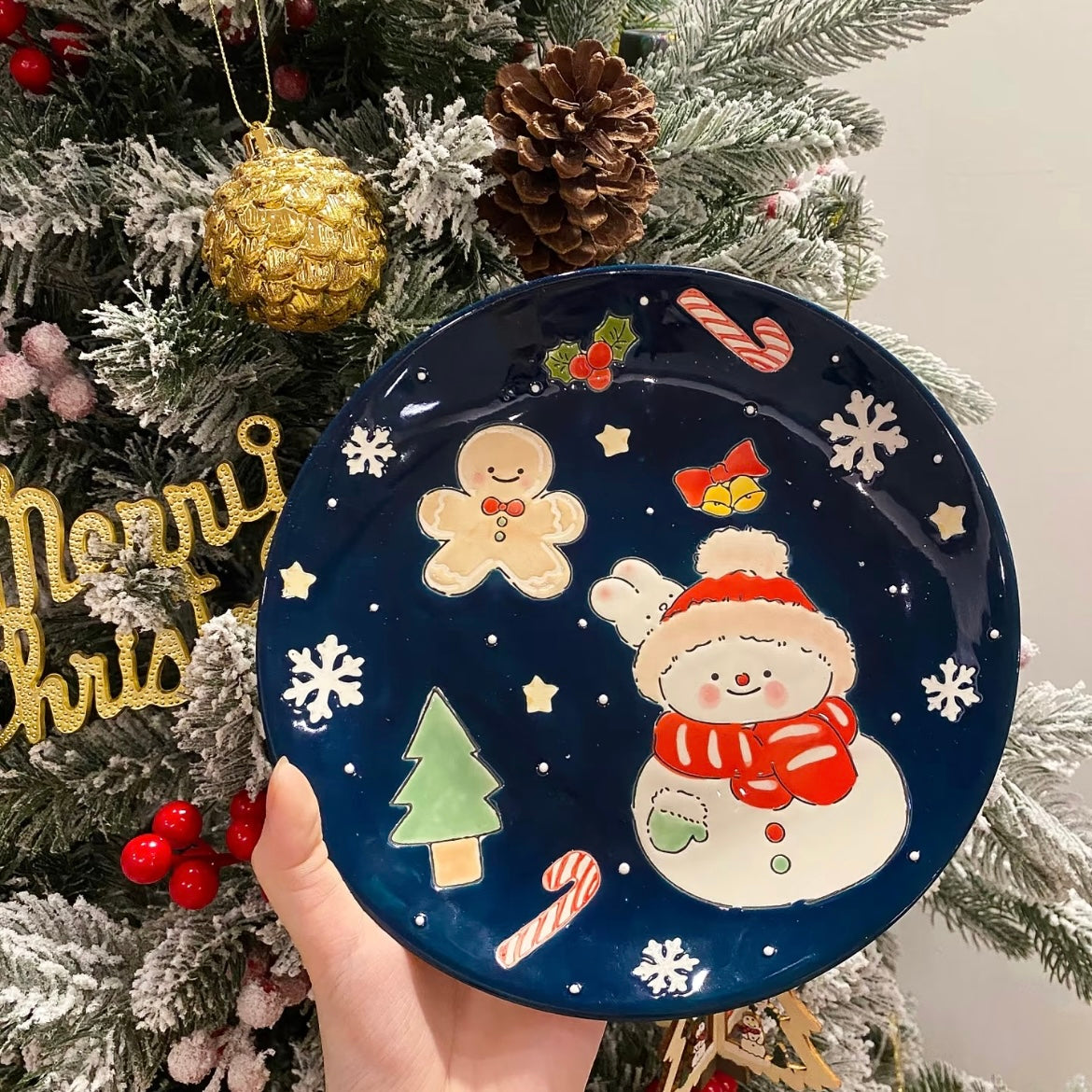 Hand-painted Christmas ceramic plate with snowman in navy blue, 21CM diameter