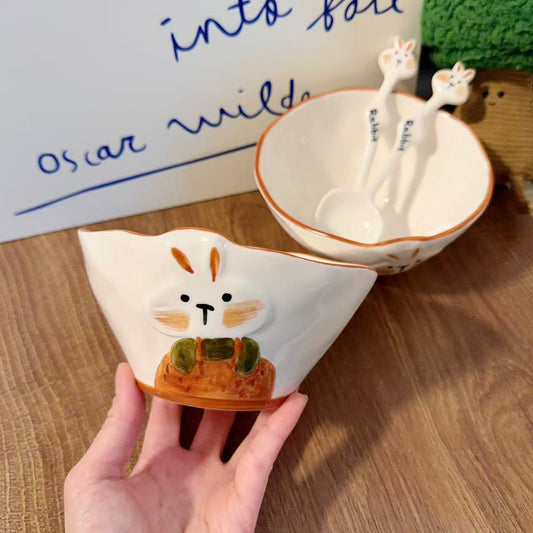 Hand-Painted Rabbit Ceramic Yogurt Bowl with Spoon - 400ML