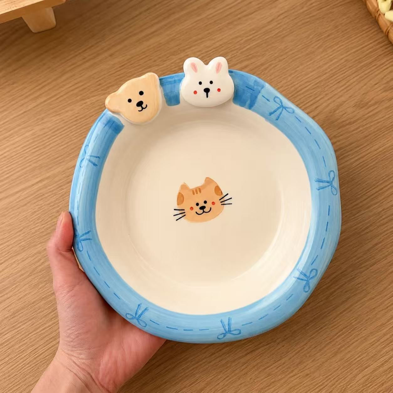 Hand-Painted Bunny & Bear Cute Ceramic Deep Plate, 8-Inch