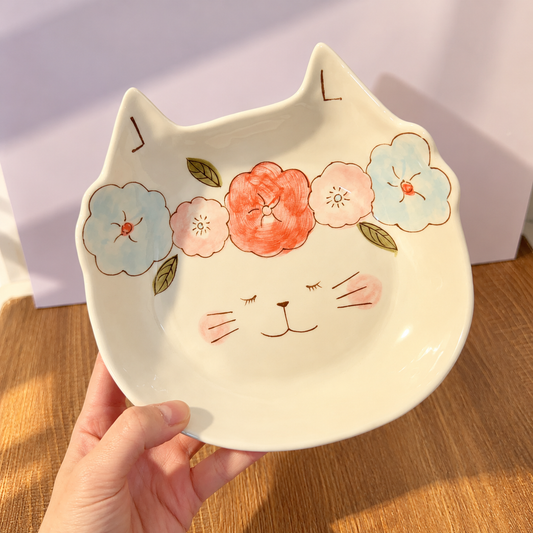 Hand-Painted Floral Crown Cat Ceramic Dessert Plate, 7.5-Inch