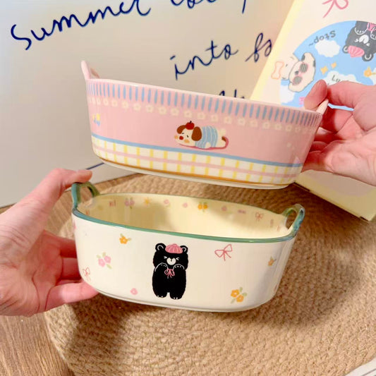 Cute Animal Ceramic Baking Dish with Handles - Oven & Air Fryer Safe