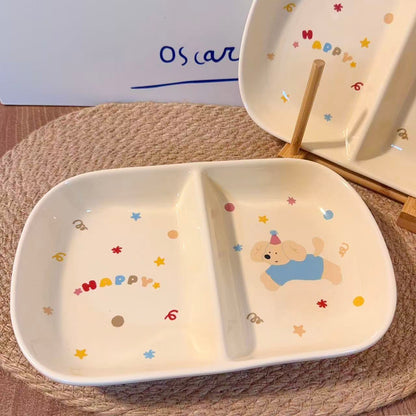 Cute Cat & Dog Ceramic Divided Breakfast Plate, 9.4-Inch