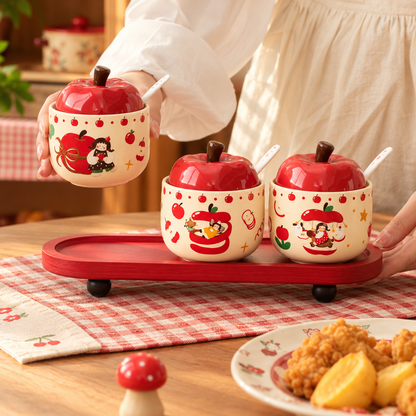 Apple Girl Ceramic Spice Jar Gift Set with Wooden Tray – Set of 3