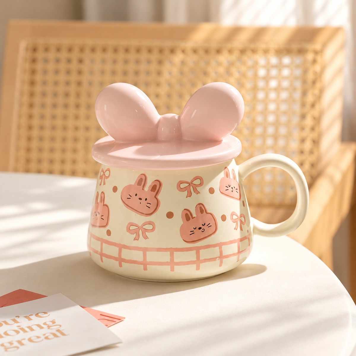 Pink Bunny Ceramic Mug with Lid & Spoon – 400ML