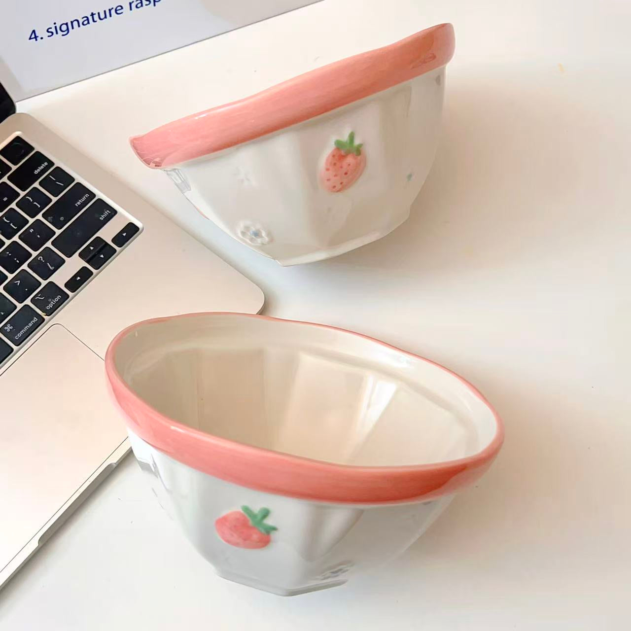 Pink Strawberry Ceramic Noodle Bowl – 800ML