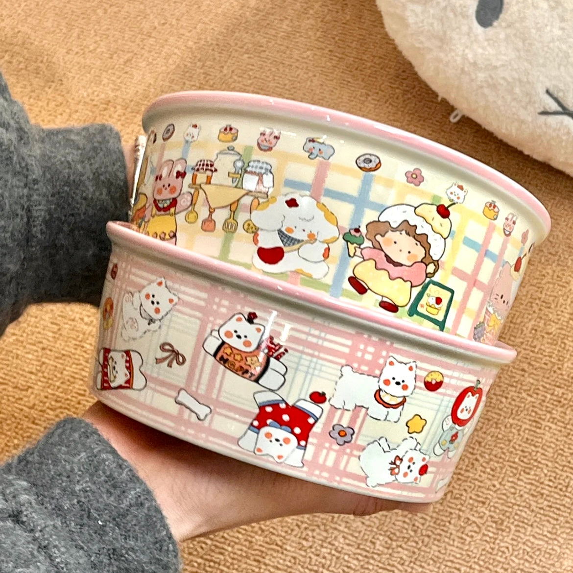 Pink ceramic salad bowls stacked showing Westie café, panda picnic, and piggy bakery designs, 600ML