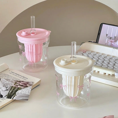 Coquette Bow Glass Cup with Straw – 500ML