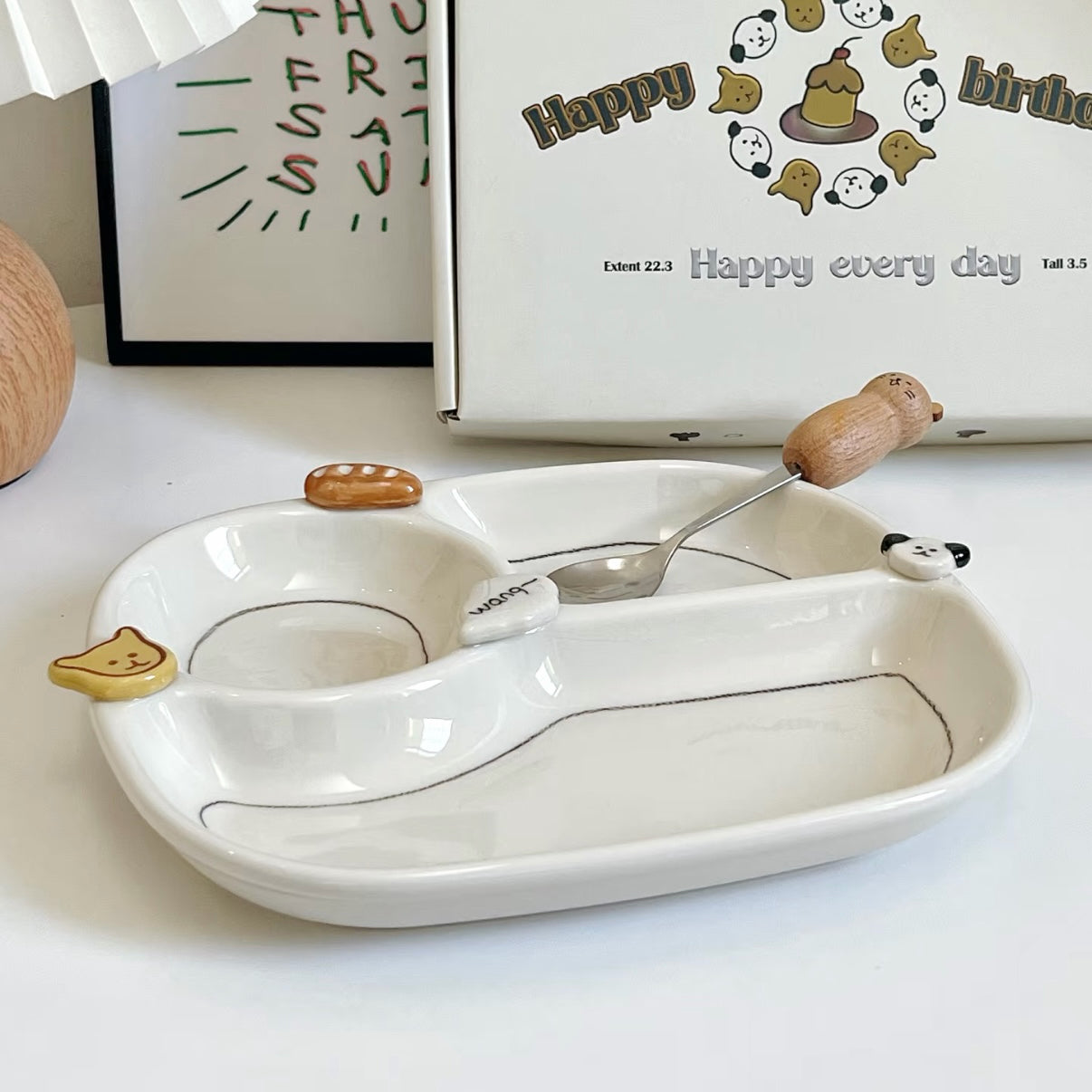 Hand-Painted Button Puppy Ceramic Divided Breakfast Plate, 8-Inch