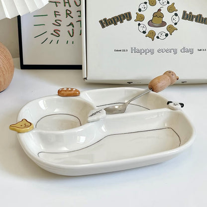 Hand-Painted Button Puppy Ceramic Divided Breakfast Plate, 8-Inch