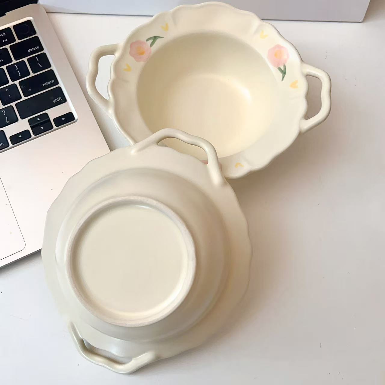 Creamy White Floral Ceramic Bowl with Handles, 250ML