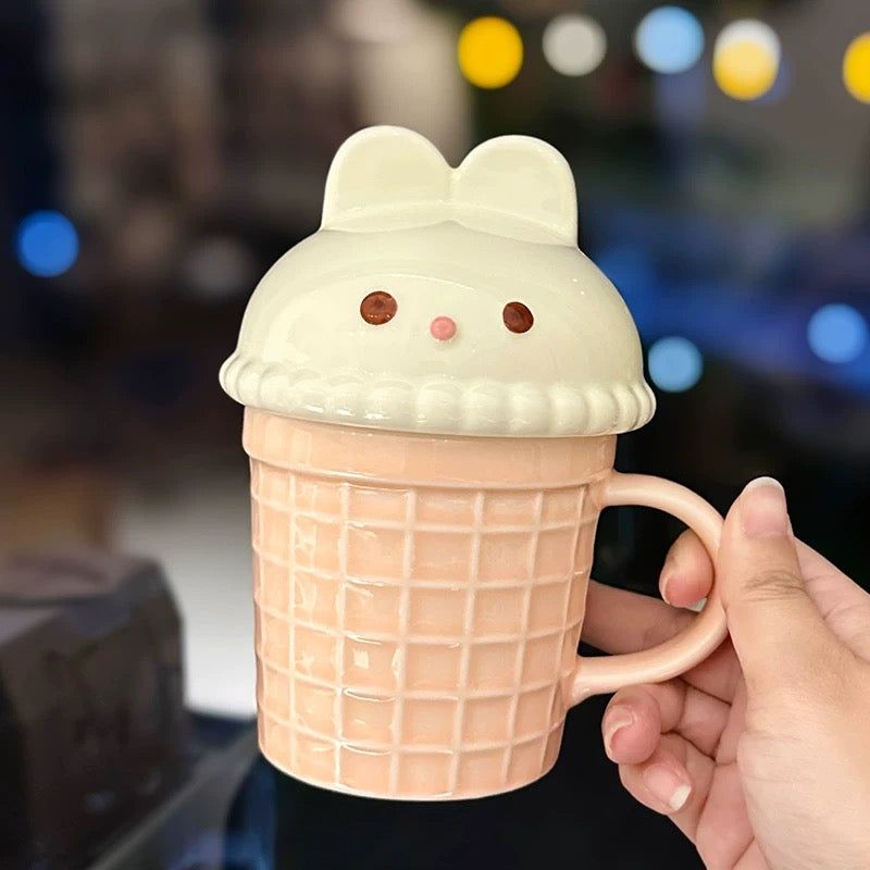Bunny & Cat Ice Cream Cone Ceramic Mug with Lid, 260ML