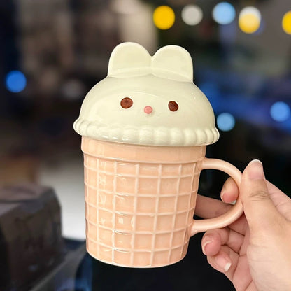 Bunny & Cat Ice Cream Cone Ceramic Mug with Lid, 260ML