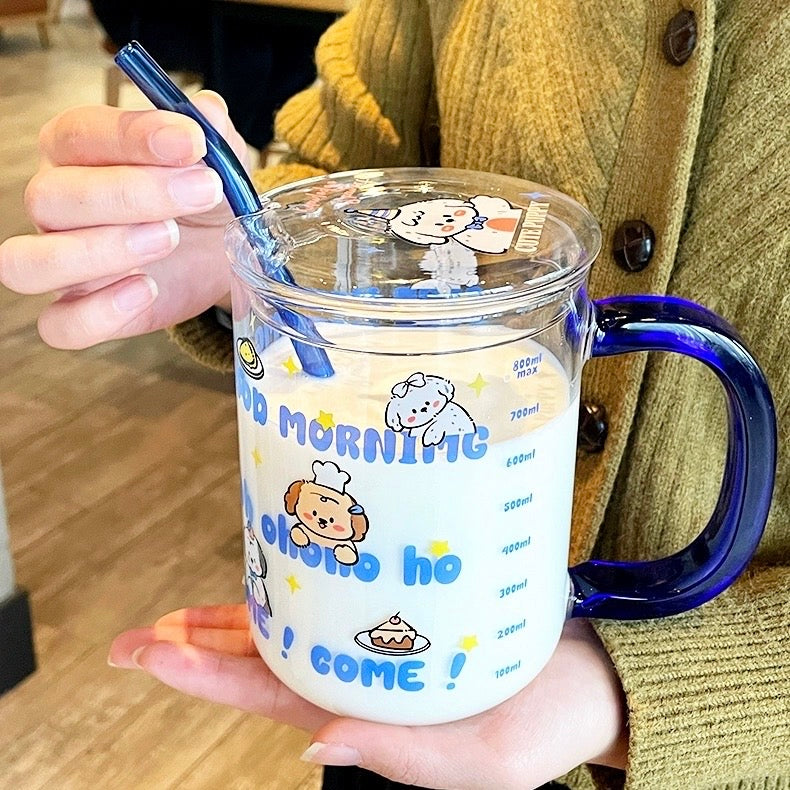 Morning Puppy Glass Cup with Straw – 800ML Capacity