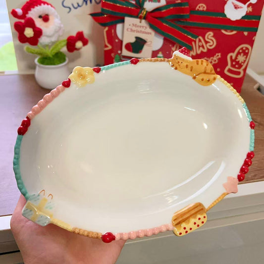 Colorful Kitty Ceramic Oval Dessert Plate, 8.7-Inch | Christmas Gift