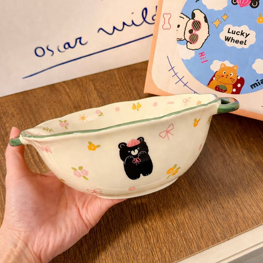 Floral Black Bear Ceramic Soup Bowl with Handles - 900ML