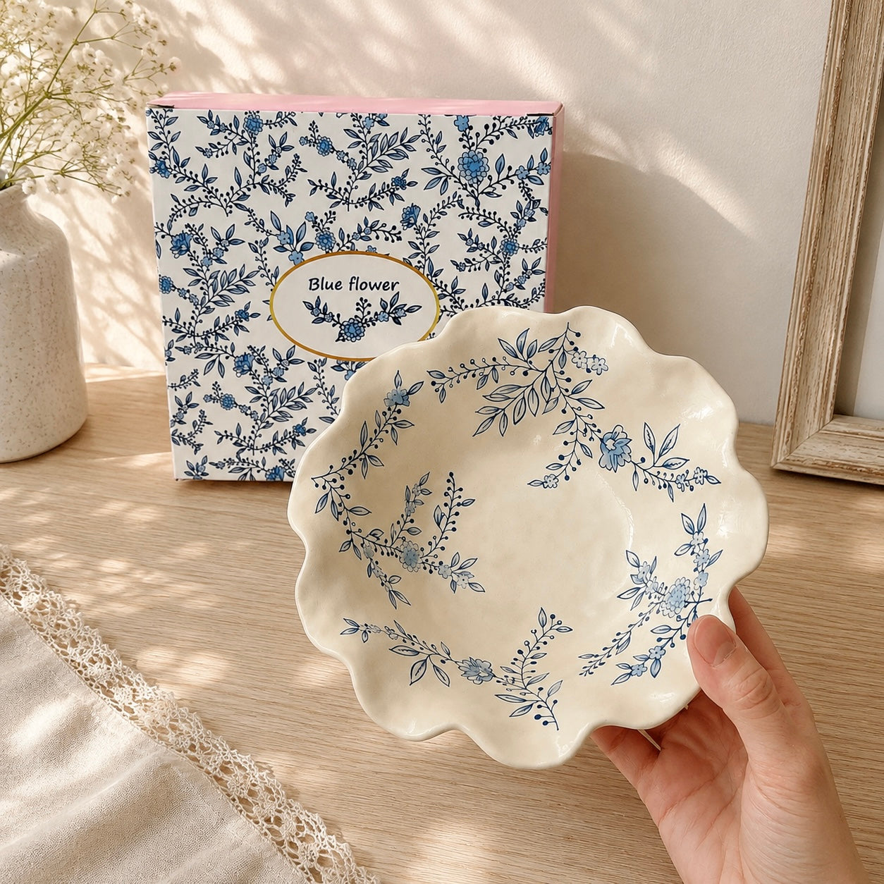 Vintage Blue Floral Ceramic Yogurt Bowl, 300ML