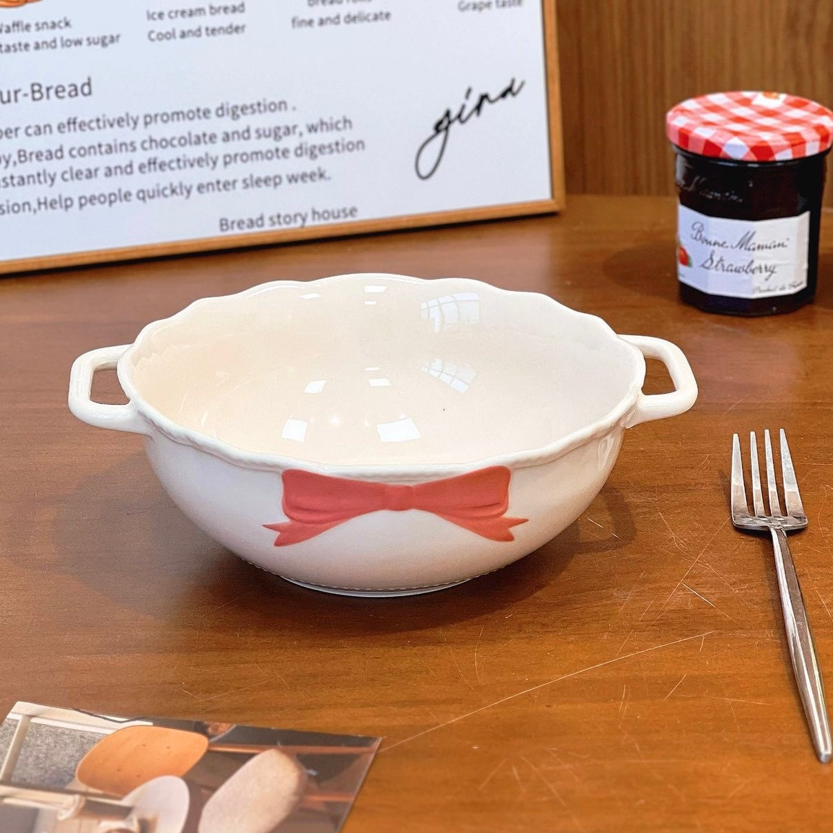 Hand-Painted Creamy Bow Double Handle Soup Bowl – 900ML