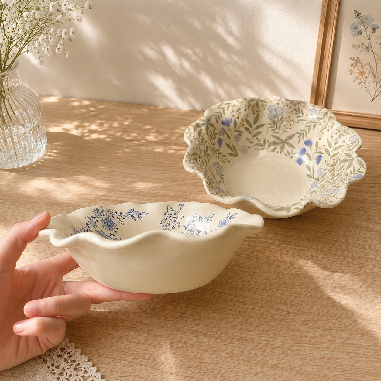 Vintage Blue Floral Ceramic Yogurt Bowl, 300ML