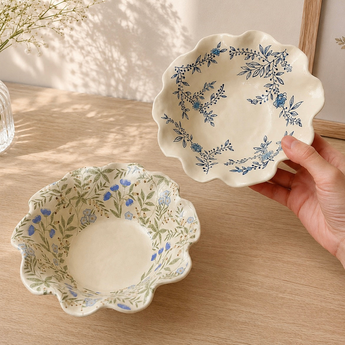 Vintage Blue Floral Ceramic Yogurt Bowl, 300ML