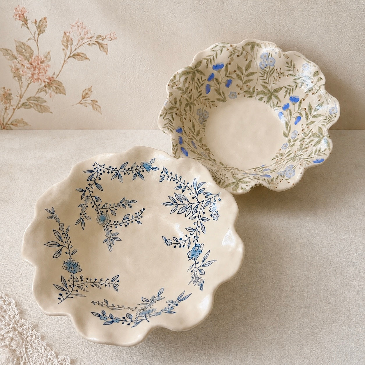 Vintage Blue Floral Ceramic Yogurt Bowl, 300ML