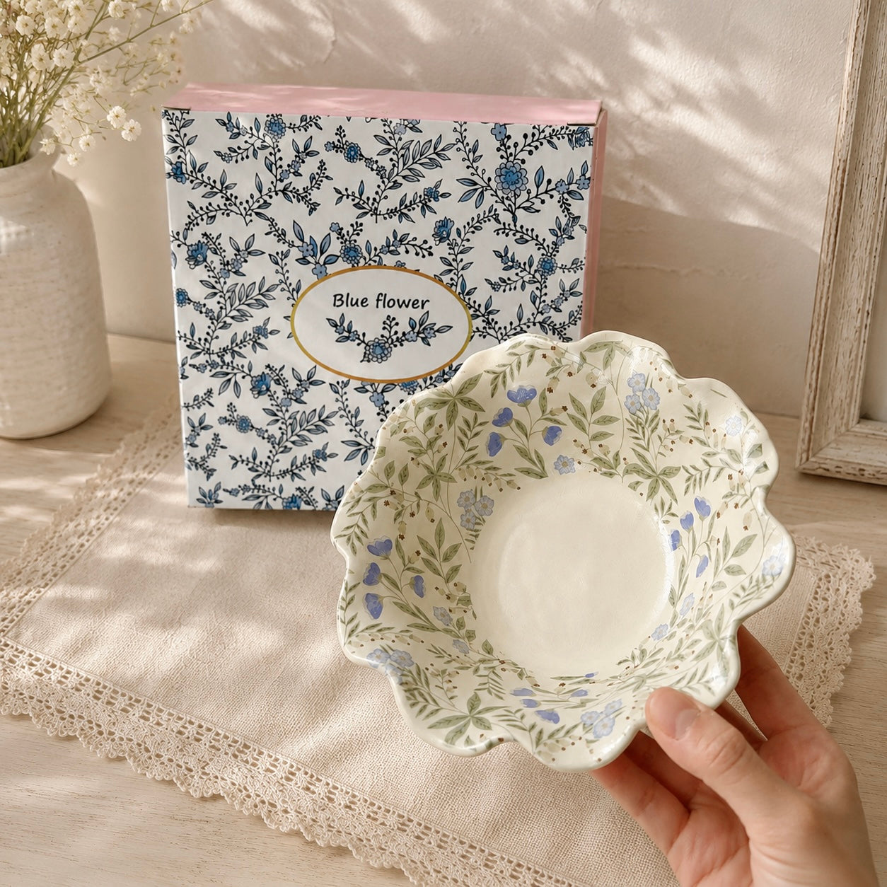 Vintage Blue Floral Ceramic Yogurt Bowl, 300ML