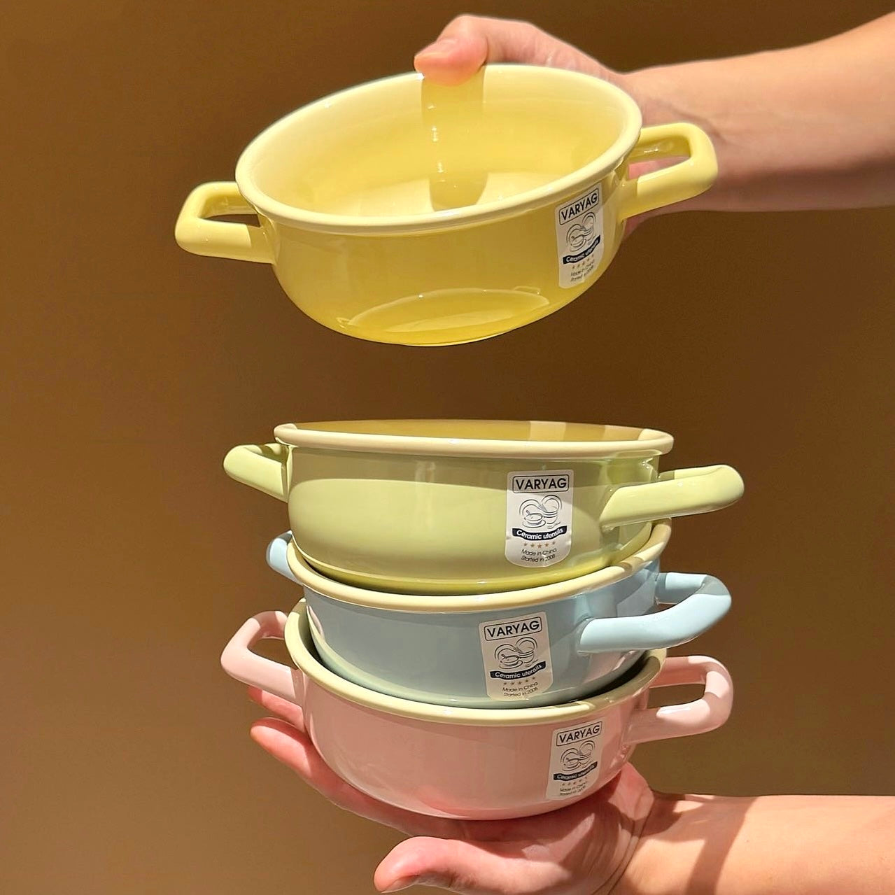 Pastel Color Ceramic Bowl with Handles - 650ML