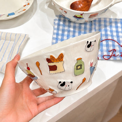 Embossed Doodle Cat Ceramic Ramen Bowl – 1100ML