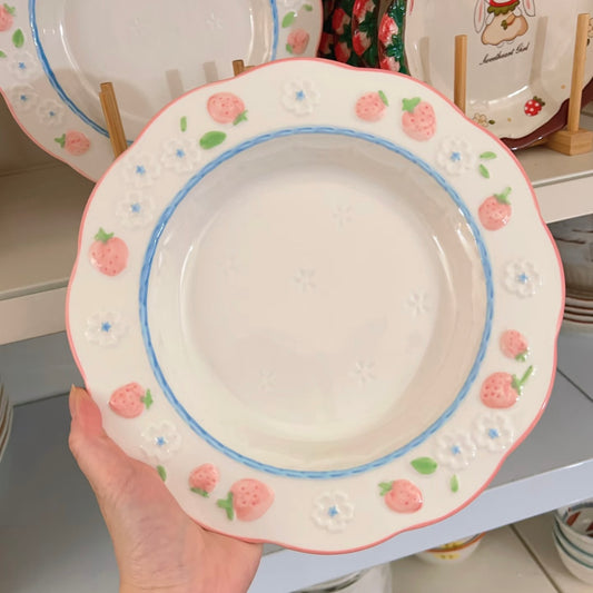 Hand-Painted Pastel Strawberry Ceramic Plate, 10-Inch