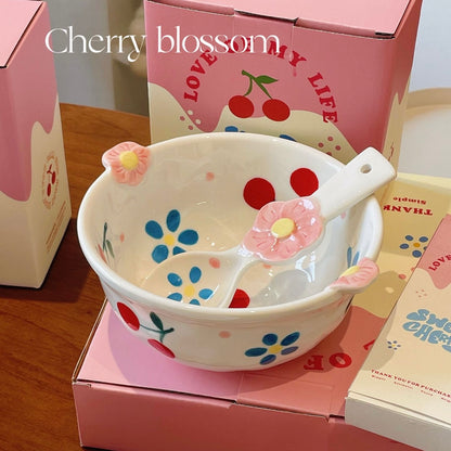 Cherry Blossom Hand-Painted Dinnerware Set | Cute Floral Design with Handles | Microwave & Dishwasher Safe