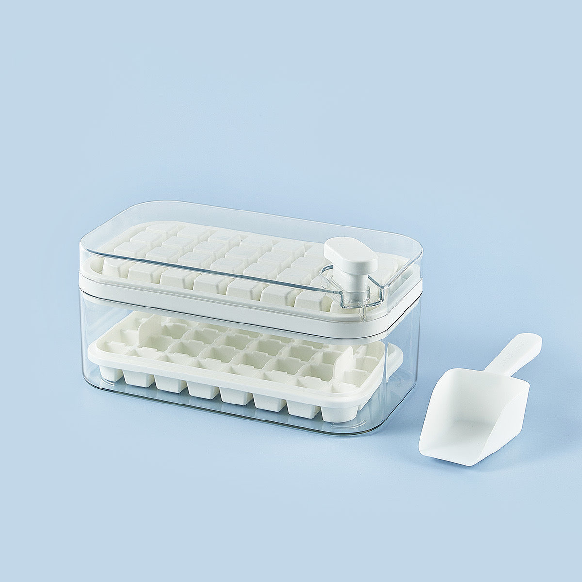 Push-Button Ice Cube Maker – Double-Layer Design with 64 Compartments | Includes Ice Scoop