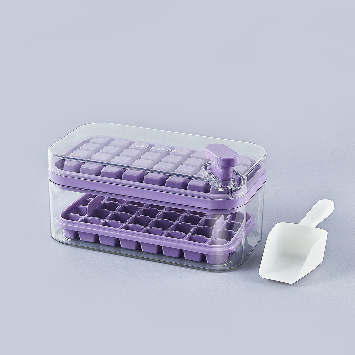 Push-Button Ice Cube Maker – Double-Layer Design with 64 Compartments | Includes Ice Scoop