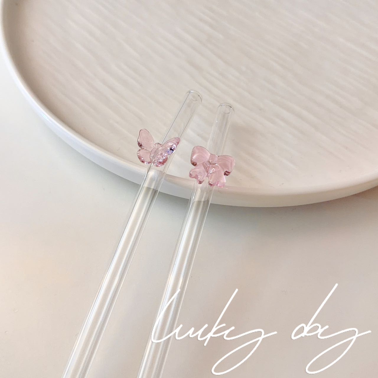 Reusable Pink Butterfly & Bow Glass Straw - 2 Styles