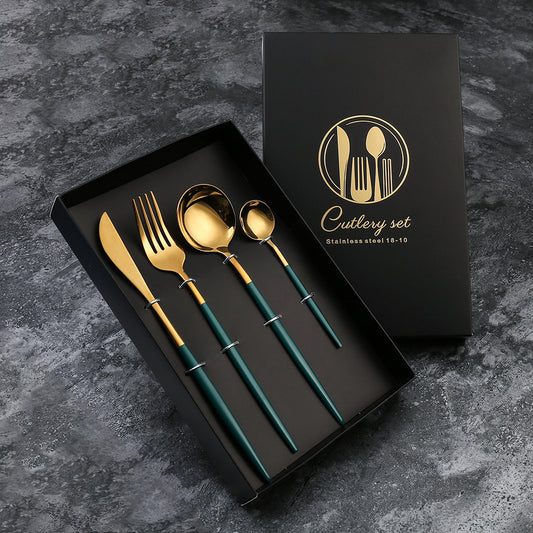 Premium Green-Gold Stainless Steel Flatware Set: Spoon, Fork, Knife, Dessert Spoon - Ideal Gift in Elegant Gift Box