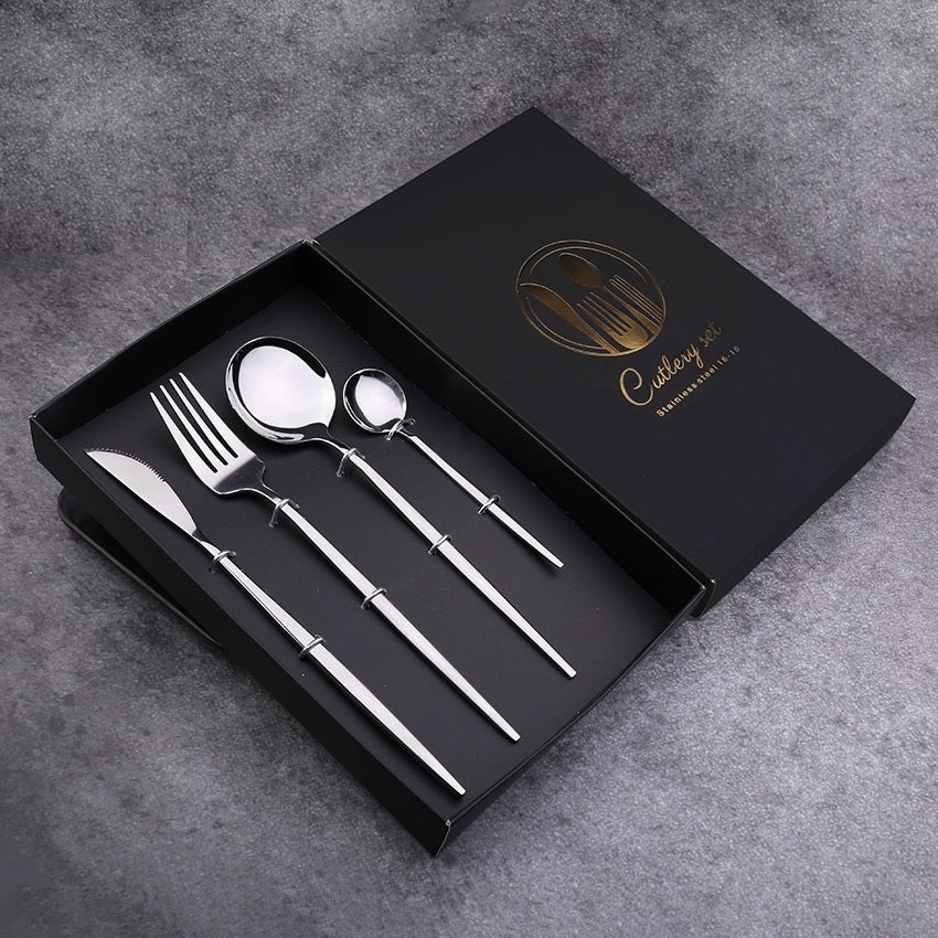 Premium Stainless Steel Flatware Set: Spoon, Fork, Knife, Dessert Spoon - Ideal Gift in Elegant Gift Box