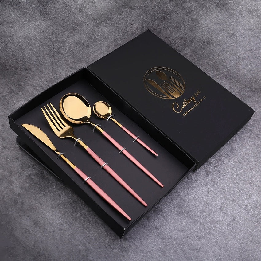 Premium Pink-Gold Stainless Steel Flatware Set: Spoon, Fork, Knife, Dessert Spoon - Ideal Gift in Elegant Gift Box