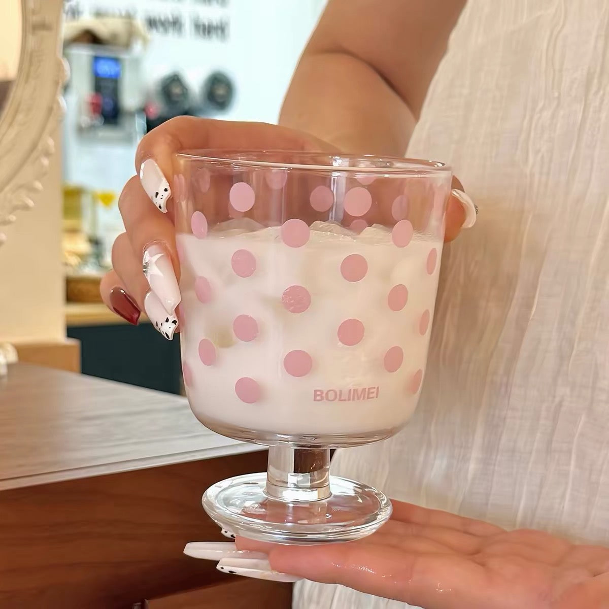 Pastel Polka Dot Footed Glass Cup – 300ML