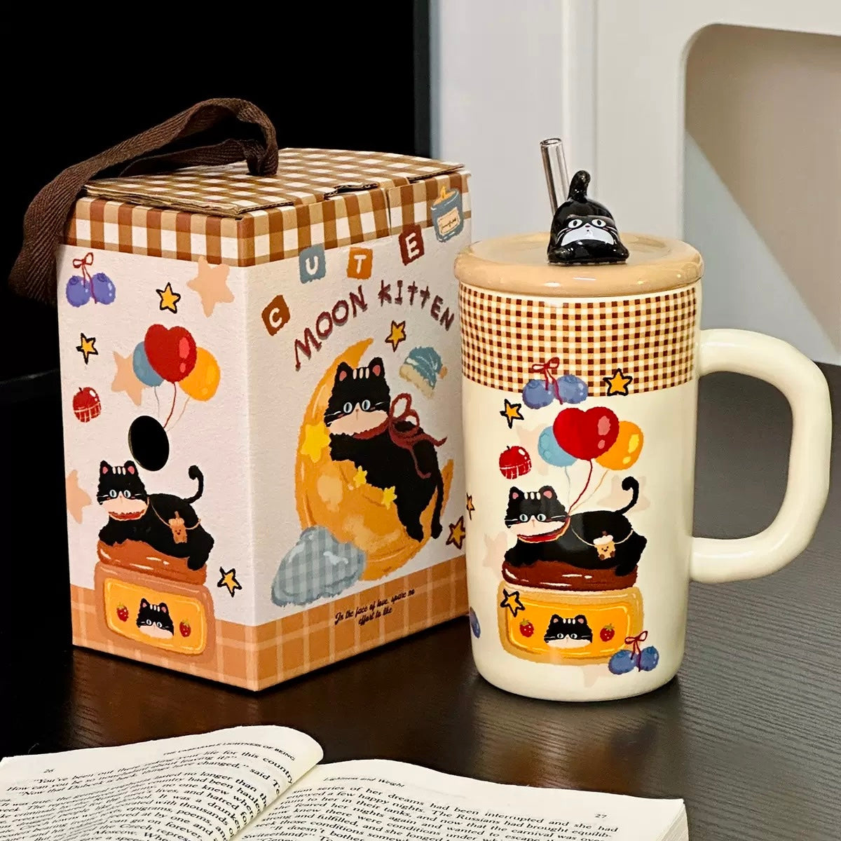 Balloon Black Cat Ceramic Straw Cup with Lid – 500ML