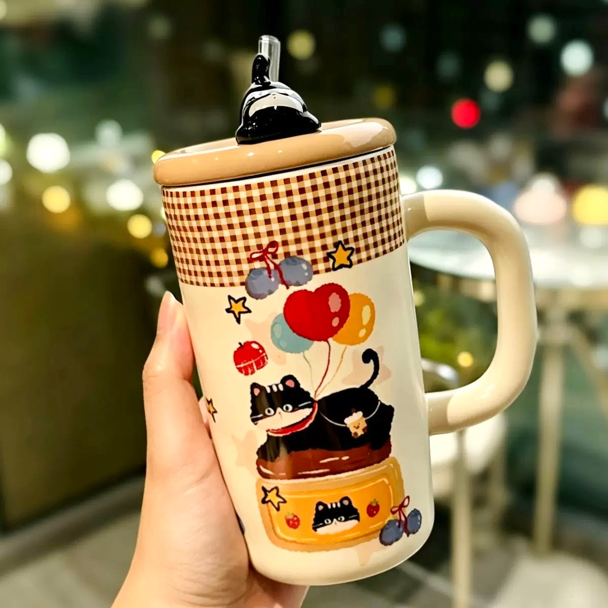 Balloon Black Cat Ceramic Straw Cup with Lid – 500ML