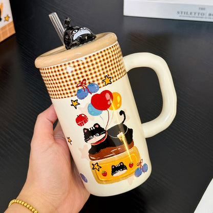 Balloon Black Cat Ceramic Straw Cup with Lid – 500ML