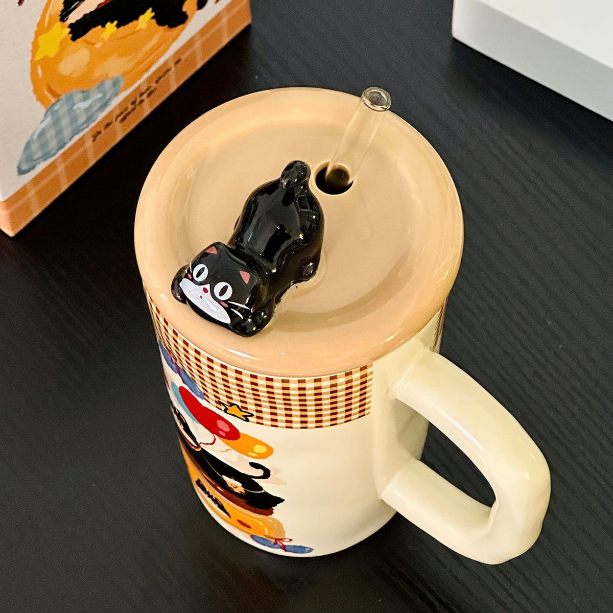 Balloon Black Cat Ceramic Straw Cup with Lid – 500ML