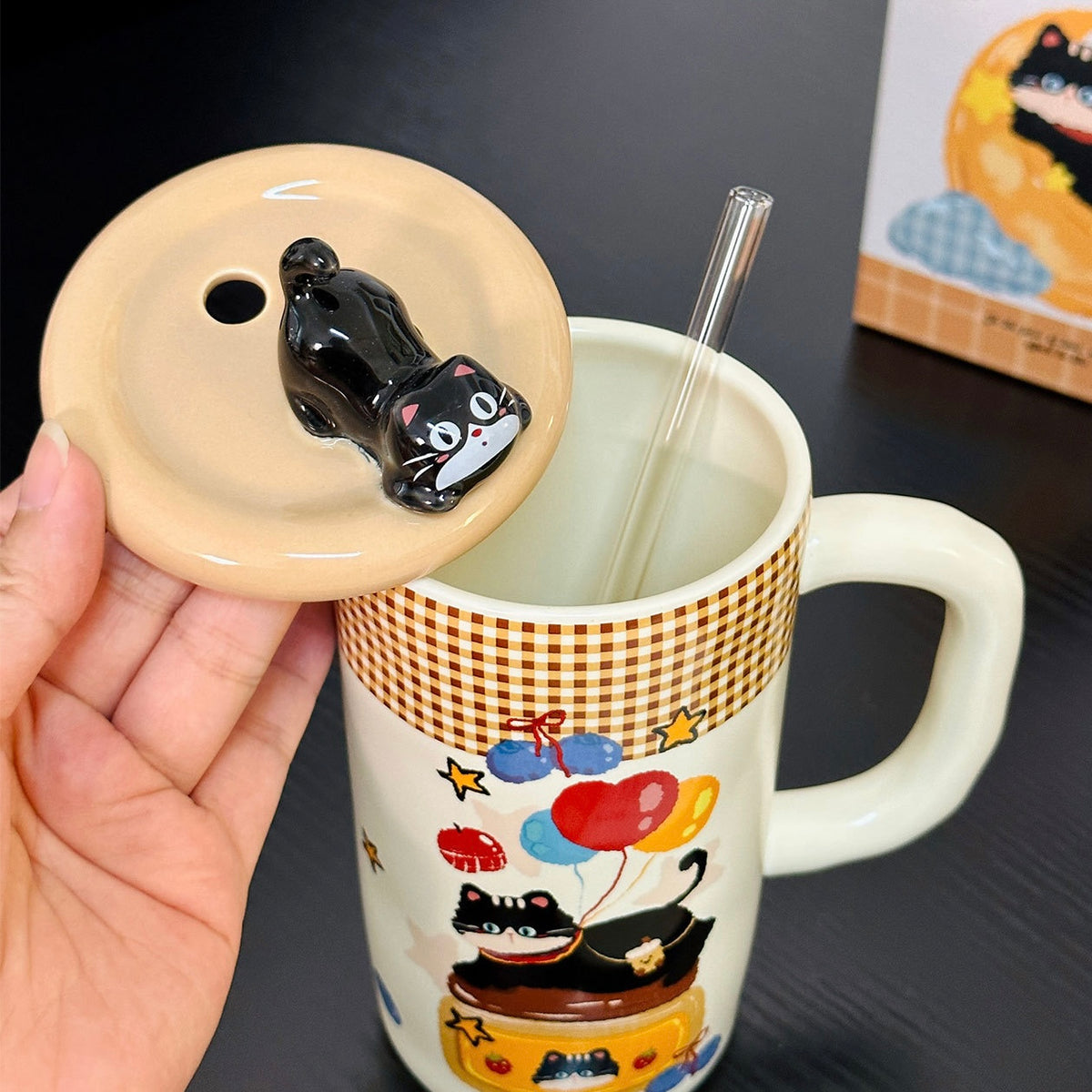 Balloon Black Cat Ceramic Straw Cup with Lid – 500ML