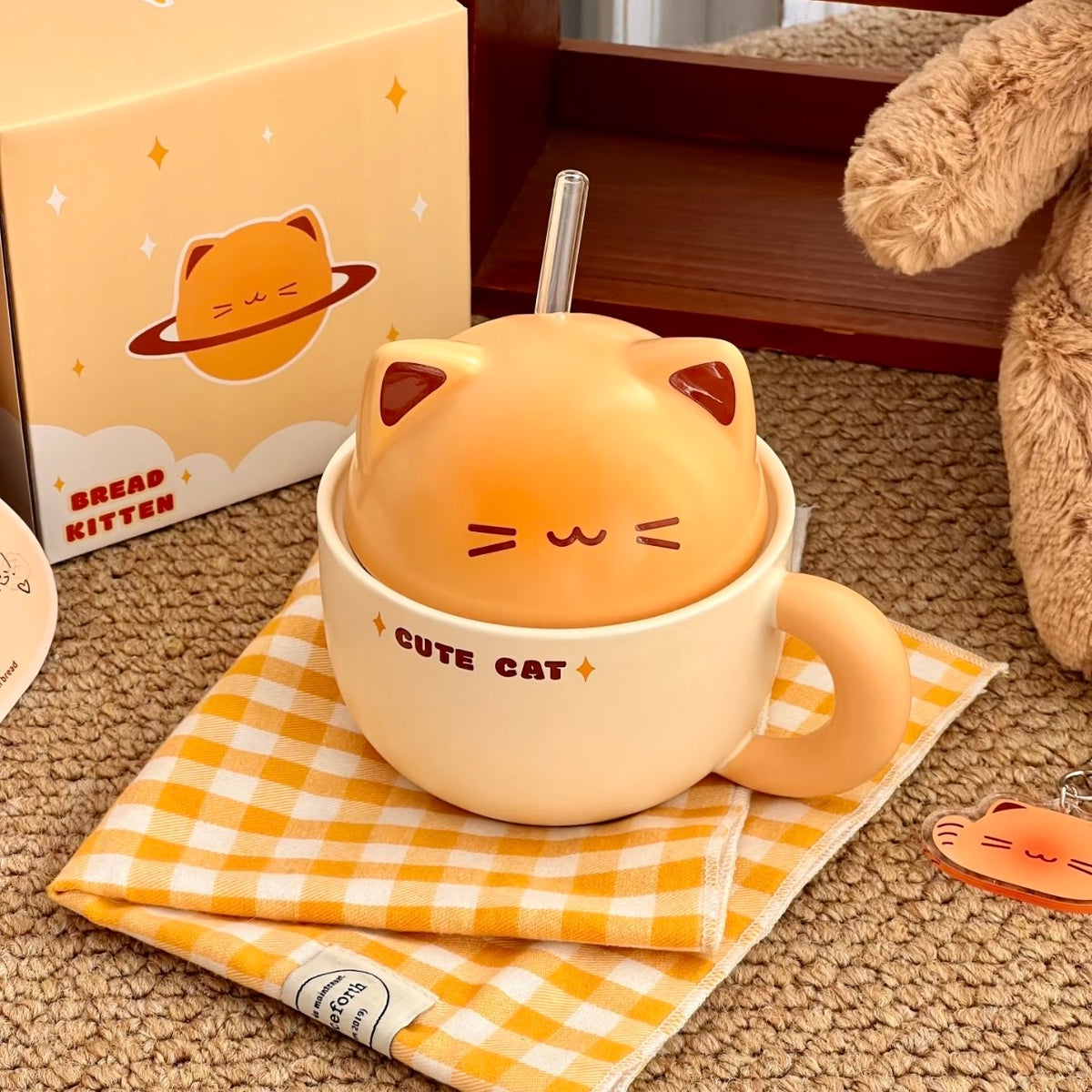 Bread Kitten Ceramic Straw Cup with Lid – 300ML