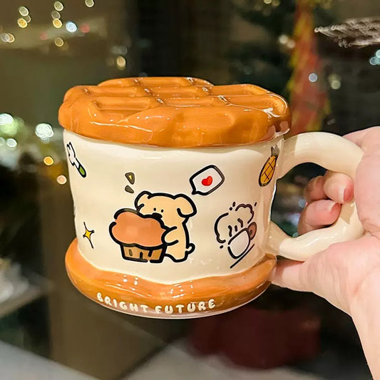 Puppy Waffle Ceramic Mug with Lid - 450ML
