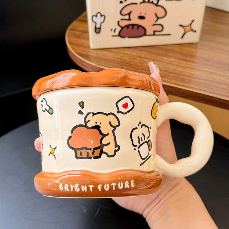 Puppy Waffle Ceramic Mug with Lid - 450ML